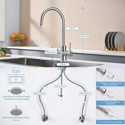 3-Wege Küchenarmatur mit Wasserfilter & 360° Drehung