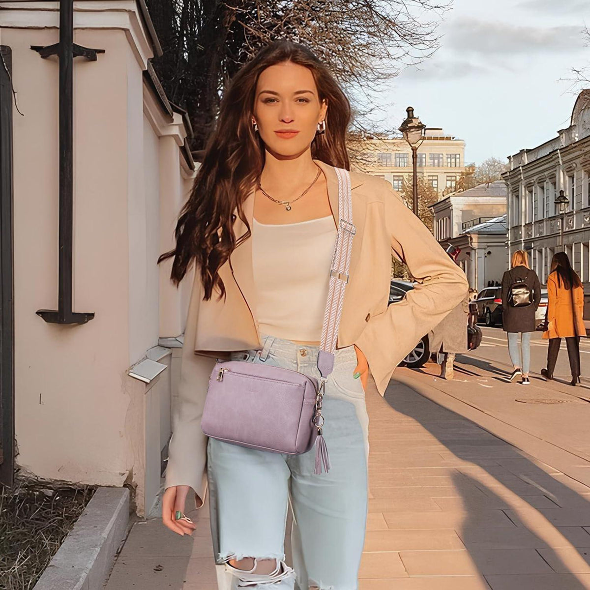 Roulens Damen Umhängetasche Veganem Leder Crossbody Creme