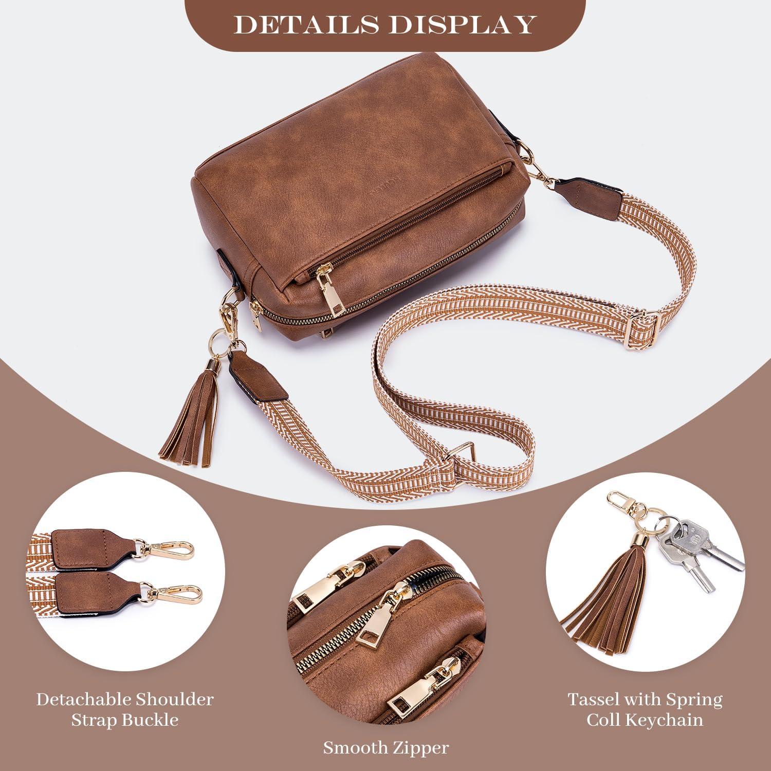 Damen Umhängetasche Veganem Leder Schultertasche mit 3 Fächern C-braun