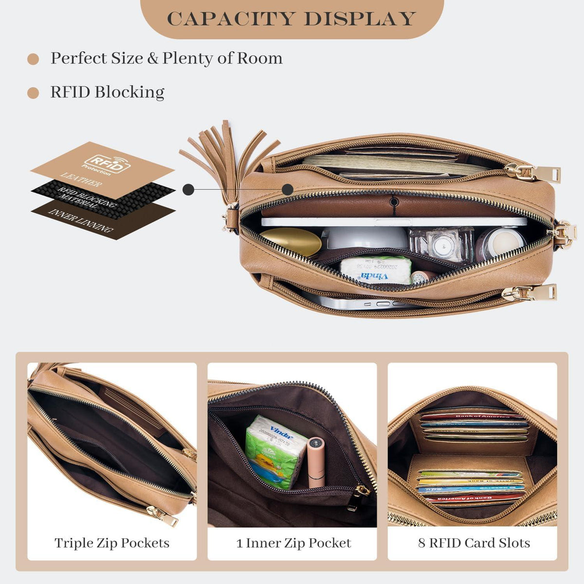 Damen Umhängetasche Veganem Leder Crossbody C-hellbraun Handtasche