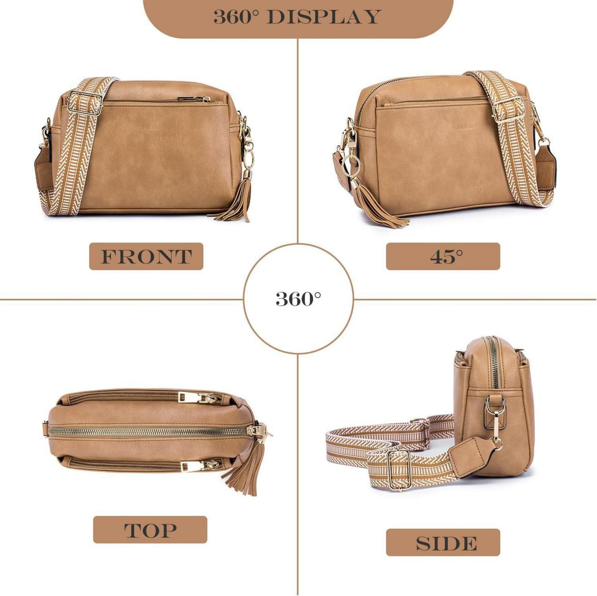 Damen Umhängetasche Veganem Leder Crossbody C-hellbraun Handtasche