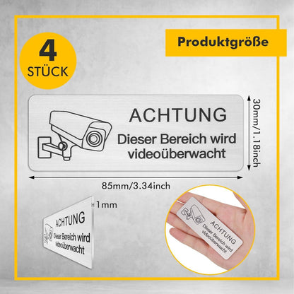 Videoüberwachungs Schild Aluminium Selbstklebend 4er Pack 8.5x3cm