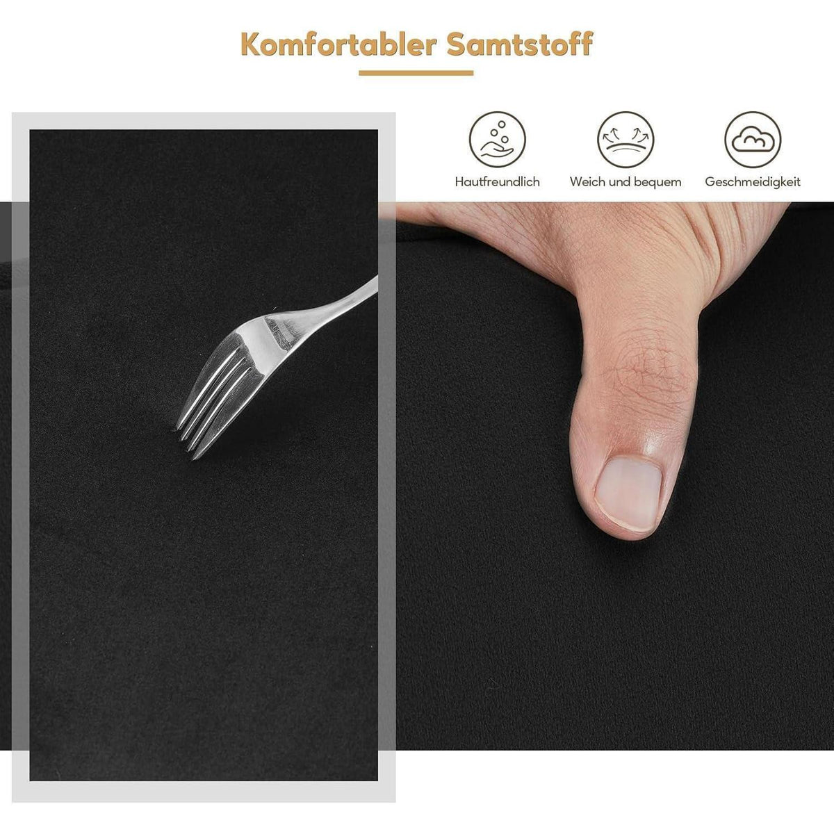 Samt Esszimmerstühle 4er-Set mit Armlehnen & Kissen Schwarz