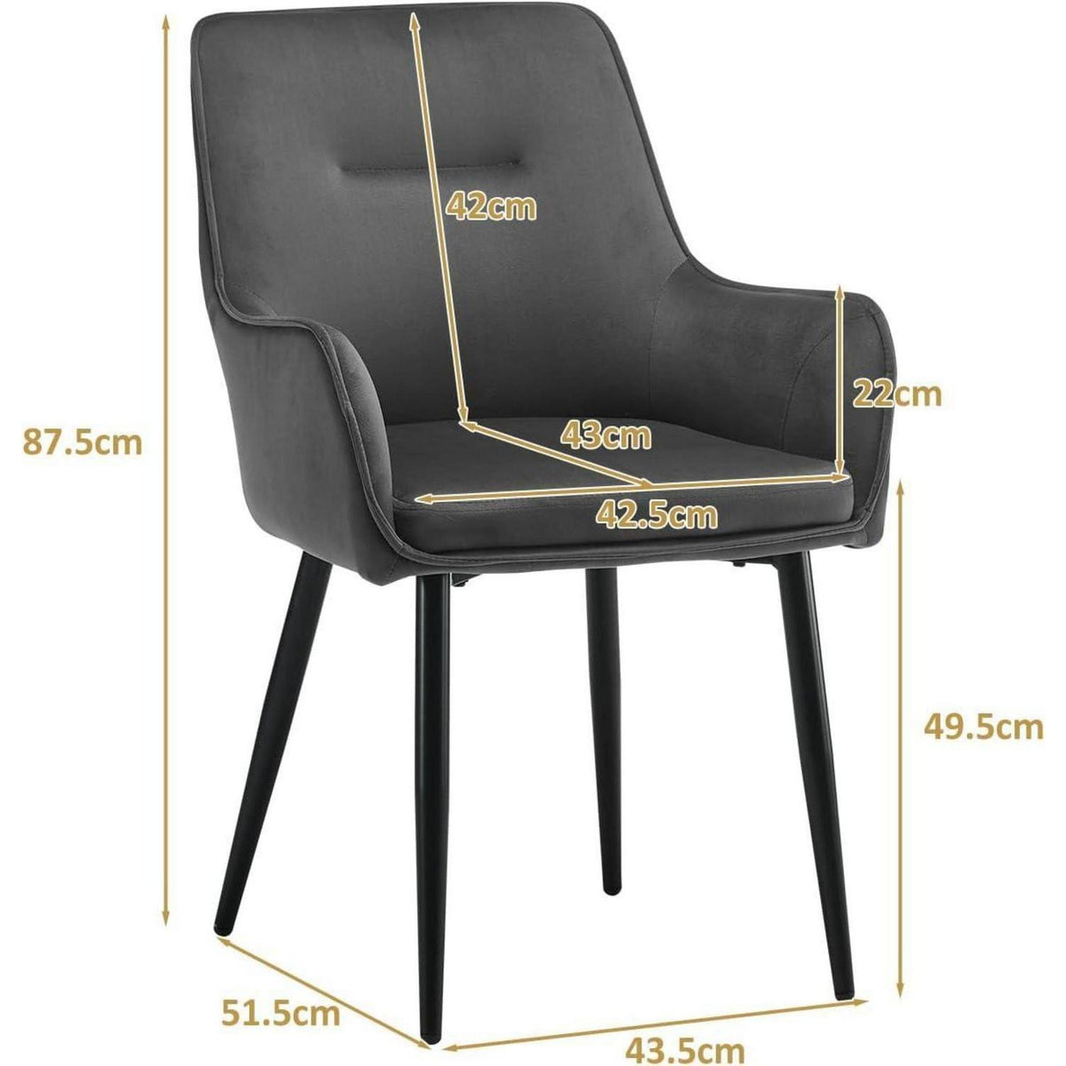 Samt Esszimmerstühle 2er-Set mit Armlehnen & Kissen, Grau
