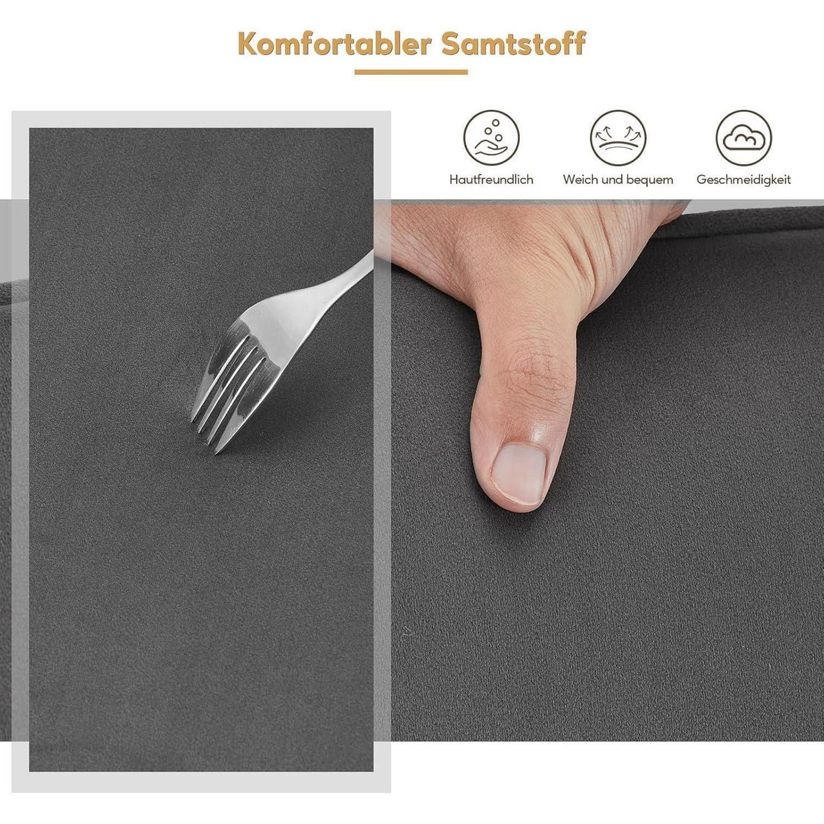 Samt Esszimmerstühle 2er-Set mit Armlehnen & Kissen, Grau