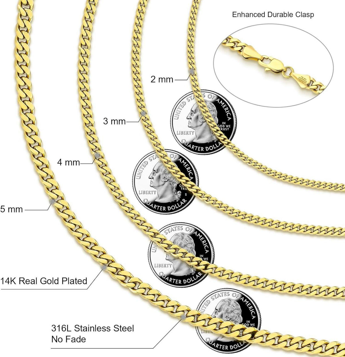 KRKC&CO 2mm Goldene Panzerkette mit Diamantschliff 45,7cm