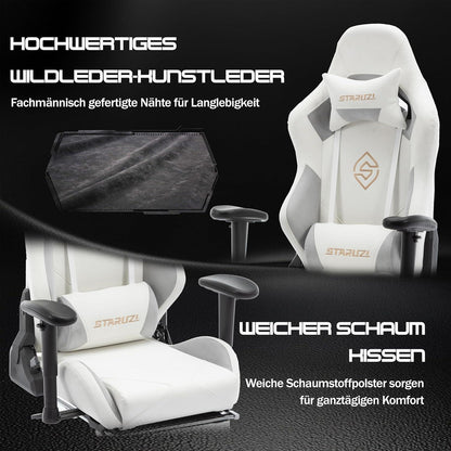 Gaming Stuhl Weiß Leder mit Fußstütze verstellbare Armlehnen