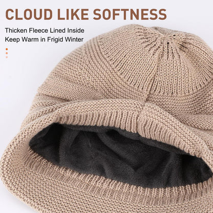 Damen Winter Strickmütze mit Visier, Fleece-gefüttert, warm