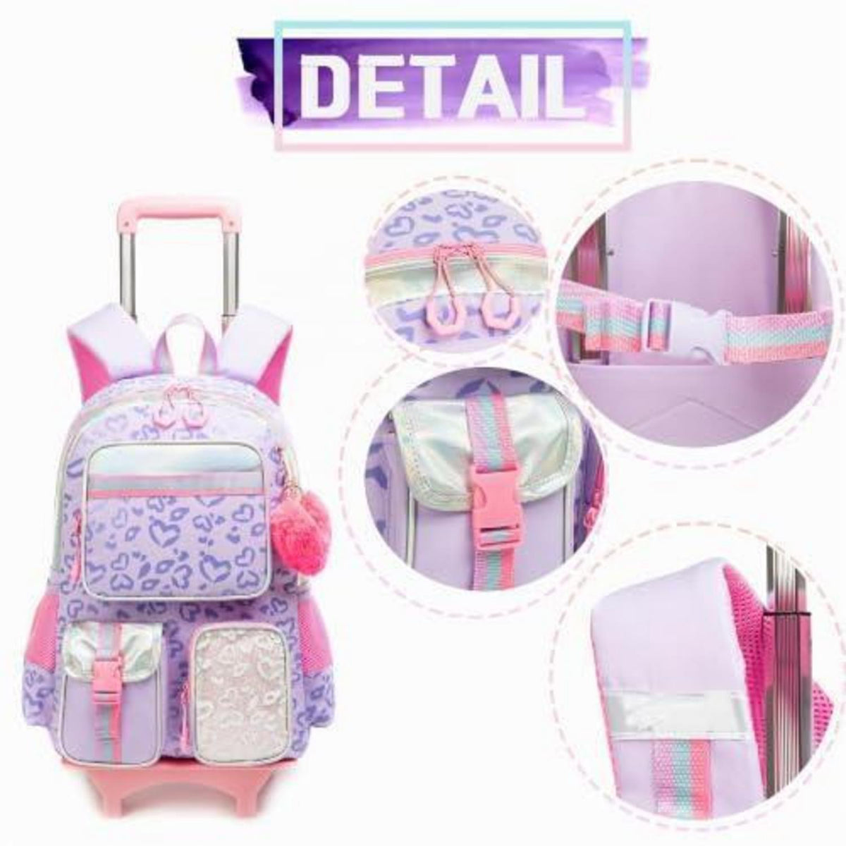 Kinder Trolley Rucksack mit Rädern Lila Herz Schulrucksack Set