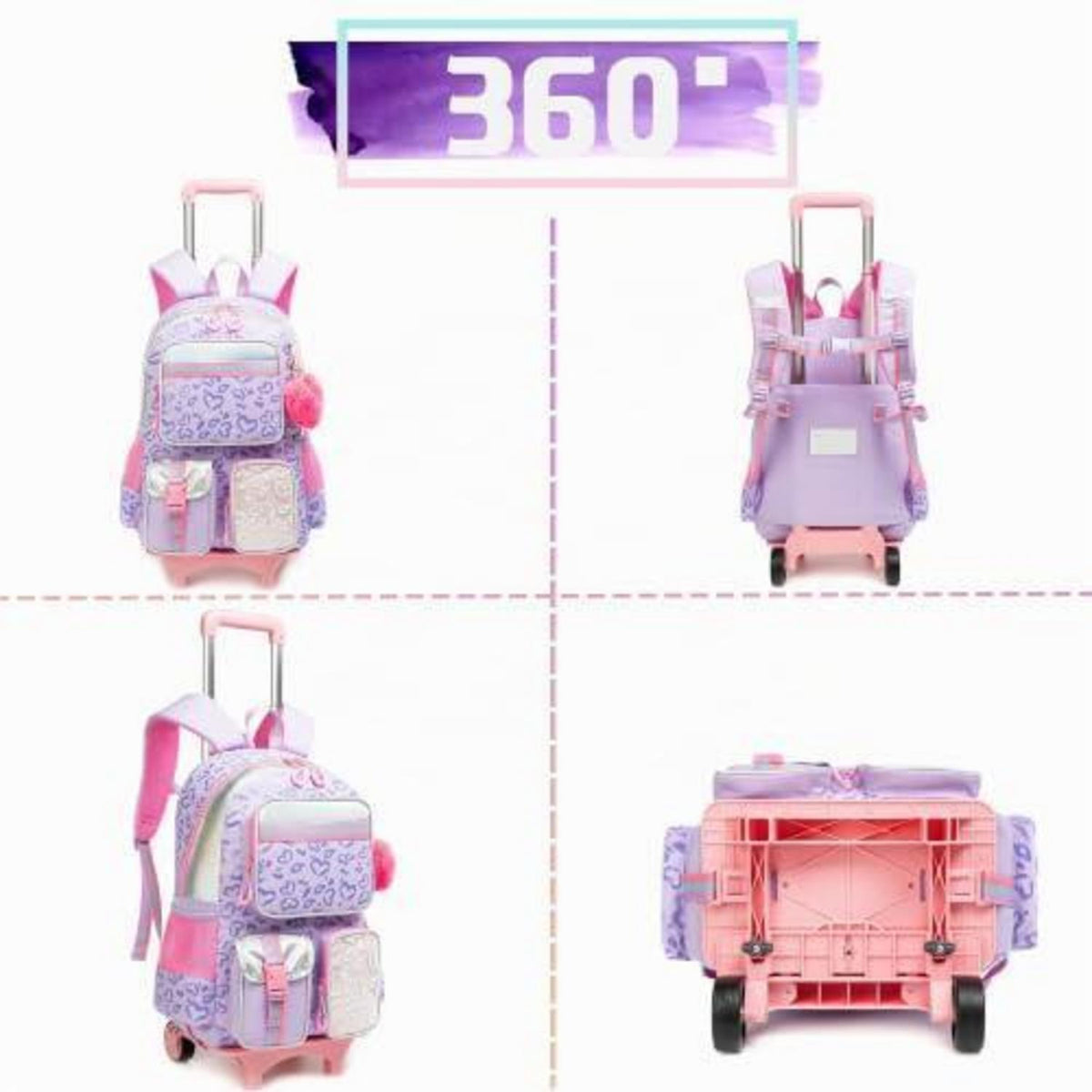 Kinder Trolley Rucksack mit Rädern Lila Herz Schulrucksack Set