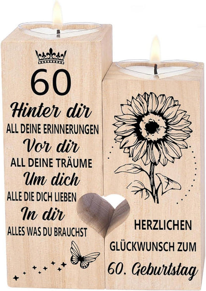 Kerzenhalter 60. Geburtstag Frau Deko Geschenk Holz mit Kerze