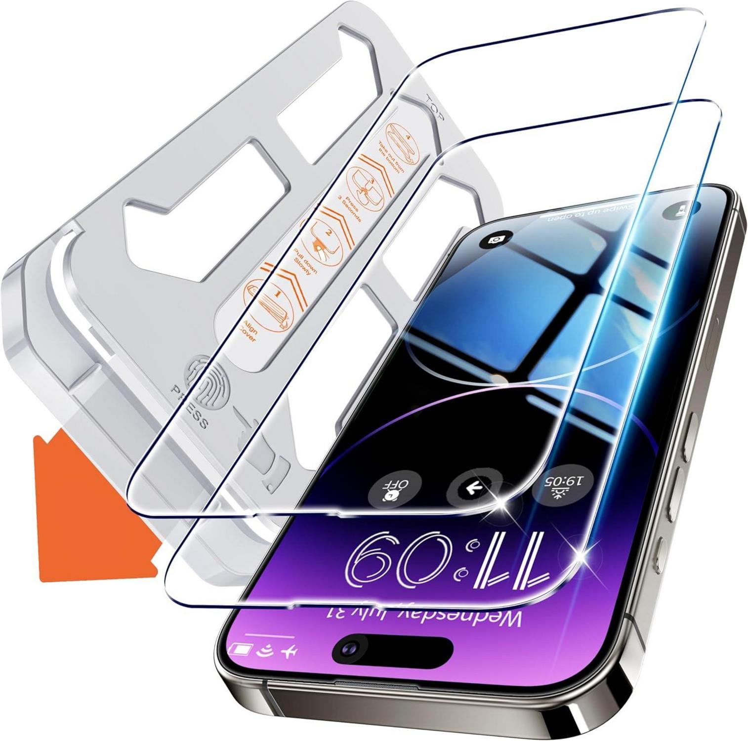 Panzer Schutzglas für iPhone 14 Pro Display, 9H Härte, 2 Stück