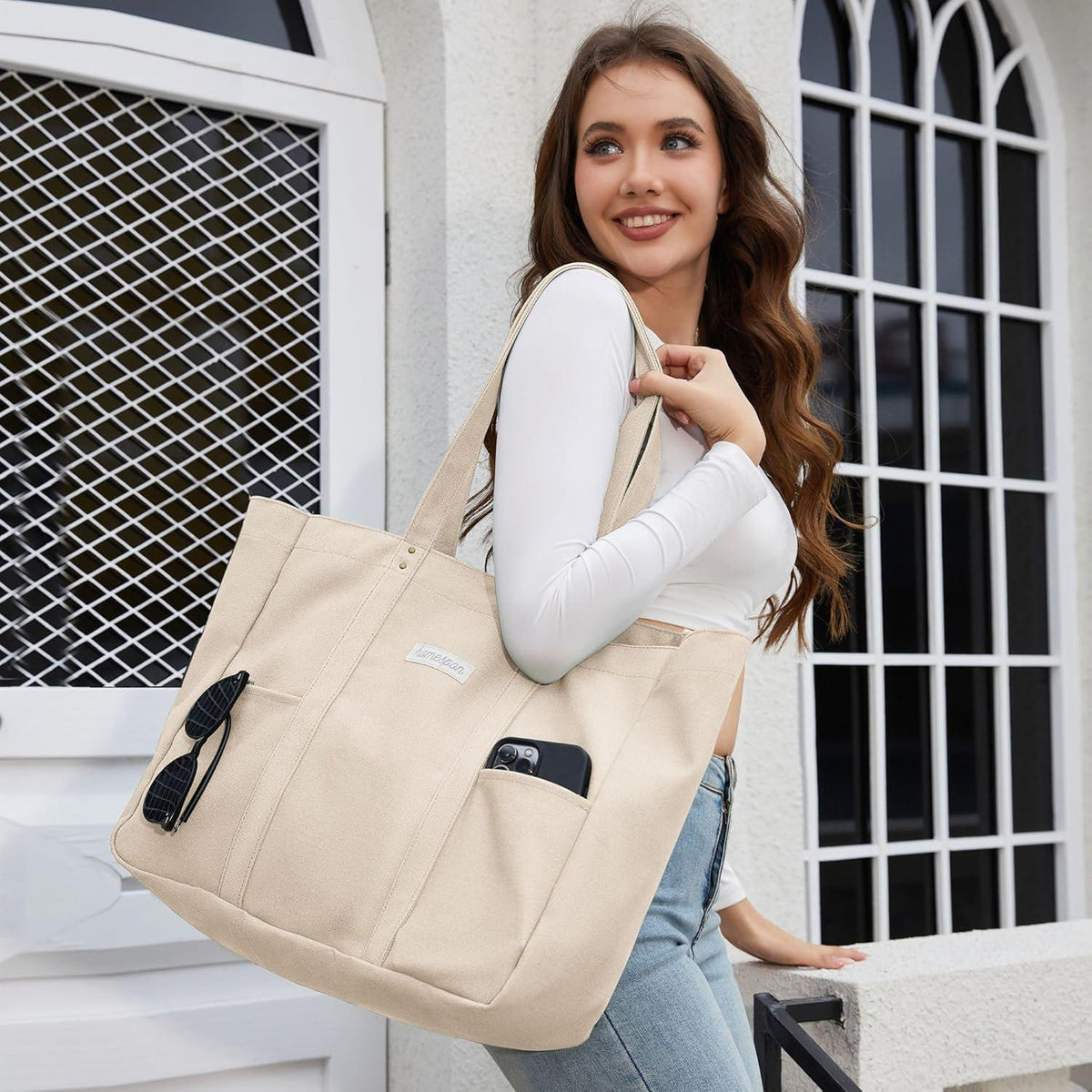 Canvas Tote Bag Damen Handtasche Groß Shopper mit Laptop