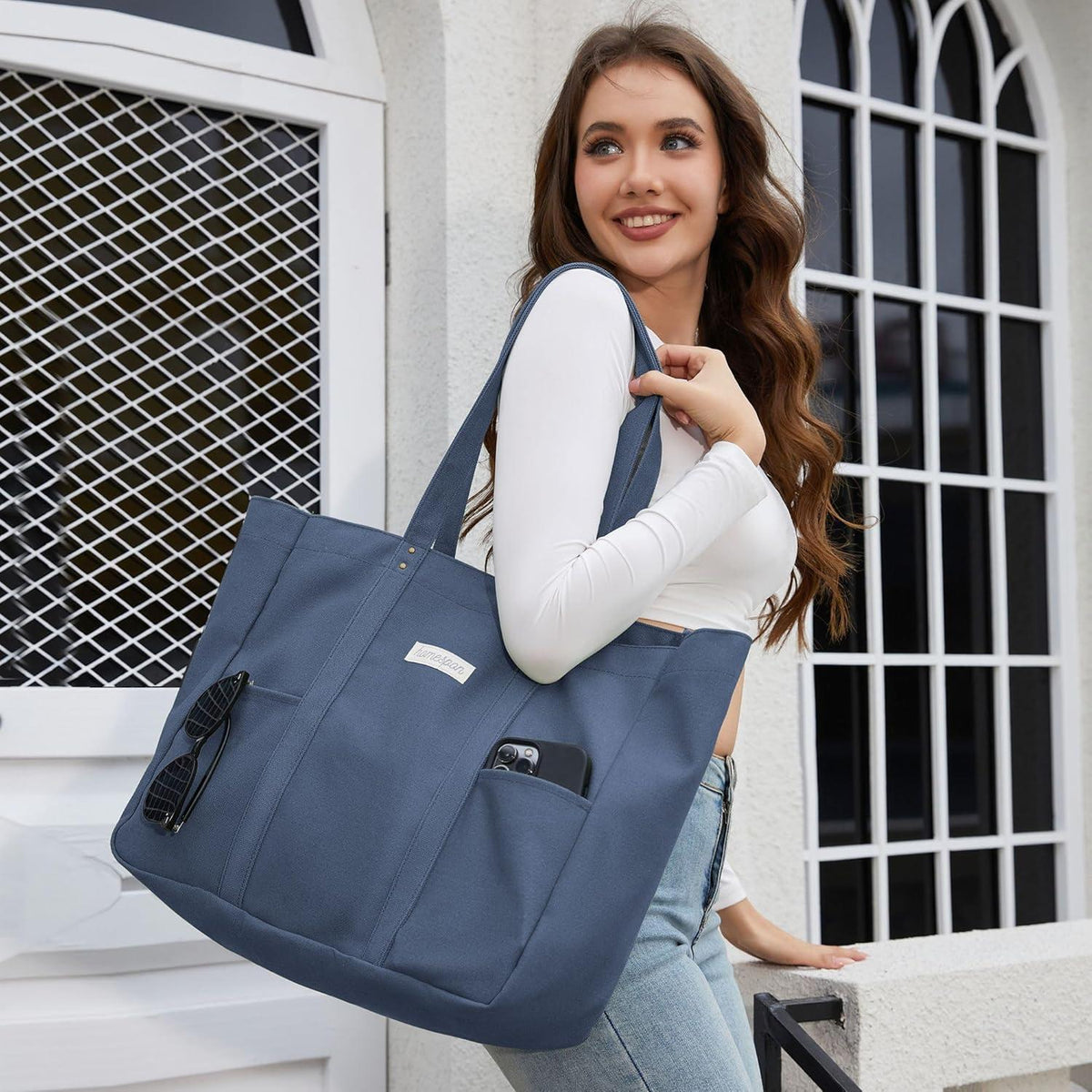 Große Canvas Tote Bag Damen Handtasche mit Laptopfach Blau