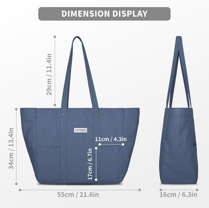 Canvas Tote Bag Damen Groß Shopper Umhängetasche Laptopfach Blau