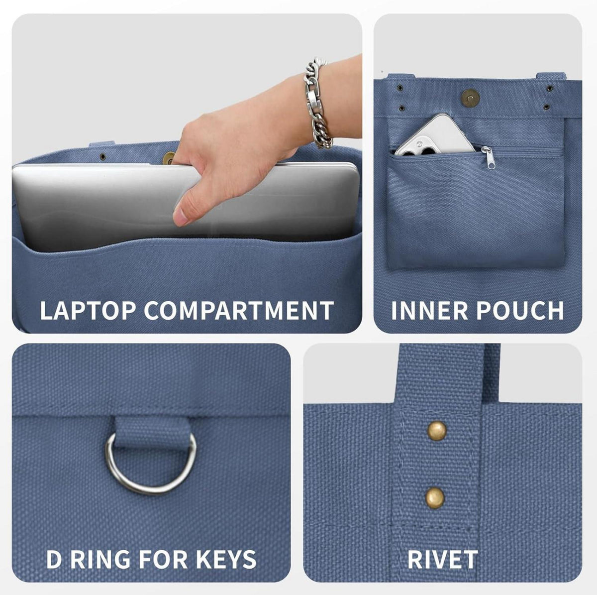 Canvas Tote Bag Damen Handtasche Shopper Umhängetasche Blau 15 Zoll Laptop Fach