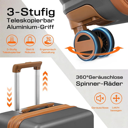 Joyway 5tlg ABS Hartschalen Kofferset mit TSA-Schloss, 4 Rollen + Reisetasche + Kulturbeutel - Grau