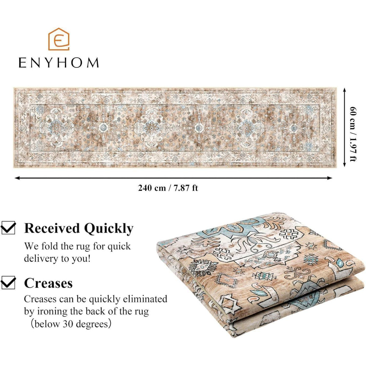 Läufer Teppich 60x240 cm Creme Boho Chic rutschfest waschbar