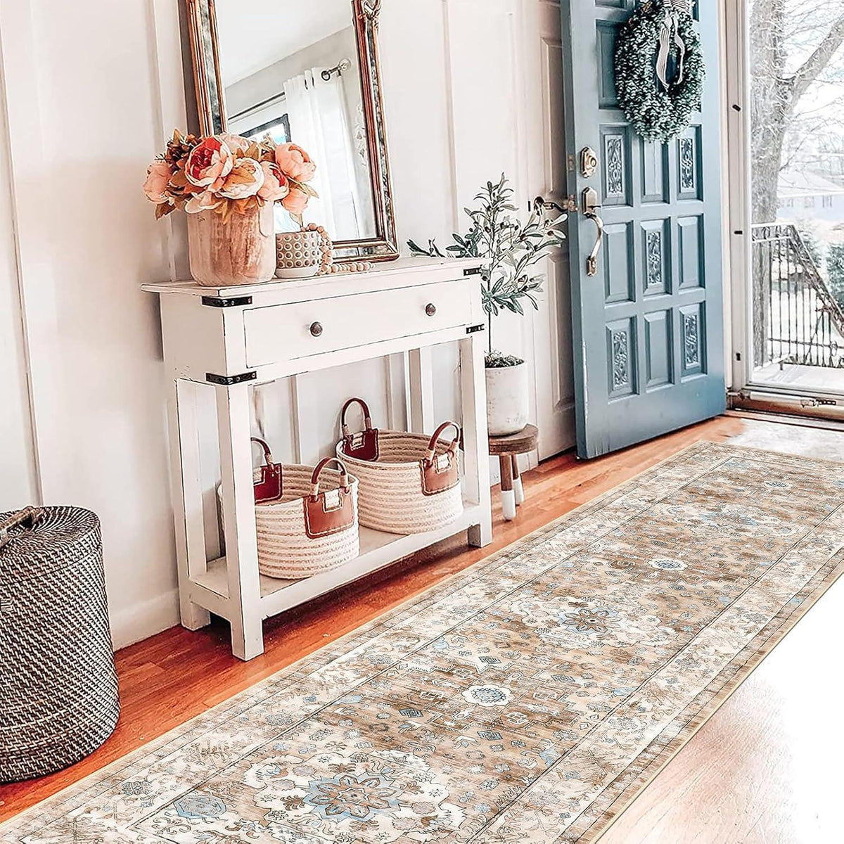 Läufer Teppich 60x240 cm Creme Boho Chic rutschfest waschbar