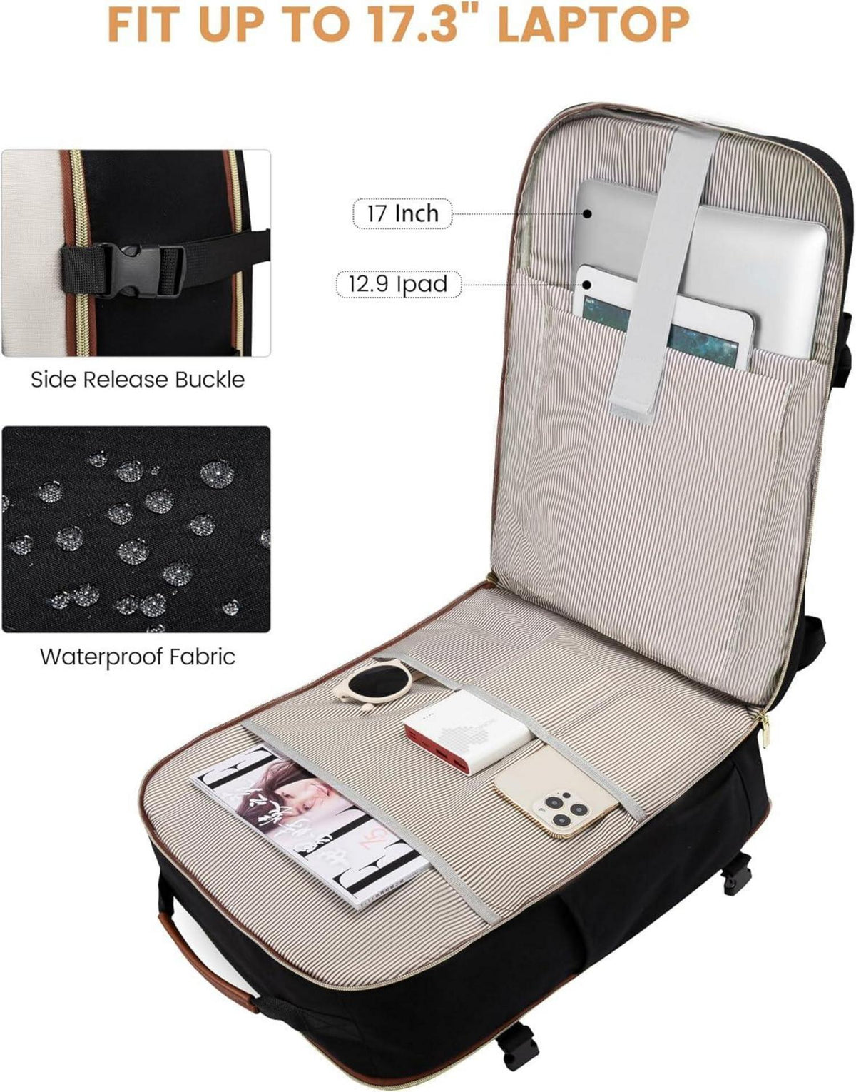 Handgepäck Rucksack 40L Damen Herren Laptop Wasserdicht Backpack 17 Zoll