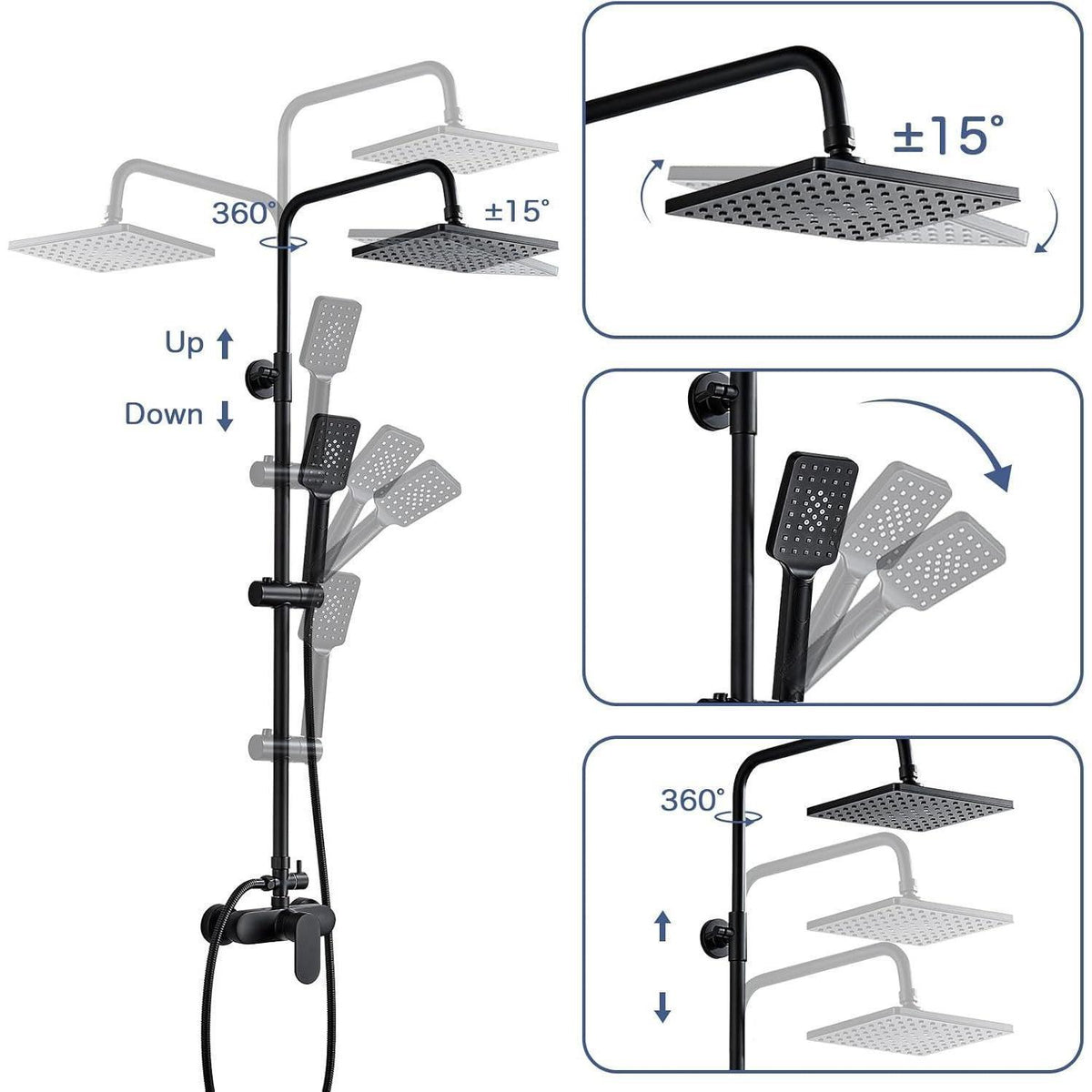 Namuoto Duschsystem Schwarz, Höhenverstellbar mit Regendusche & Handbrause