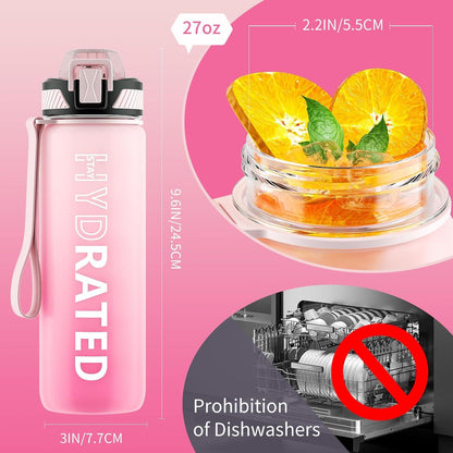 Trinkflasche 750ML BPA-frei mit Strohhalm Zeitmarkierung und BürsteFitness Sport Yoga Rosa Farbverlauf Wiederverwendbar