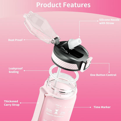 QLUR Trinkflasche 750ML BPA-Frei Sport Strohhalm Zeitmarkierung Rosa