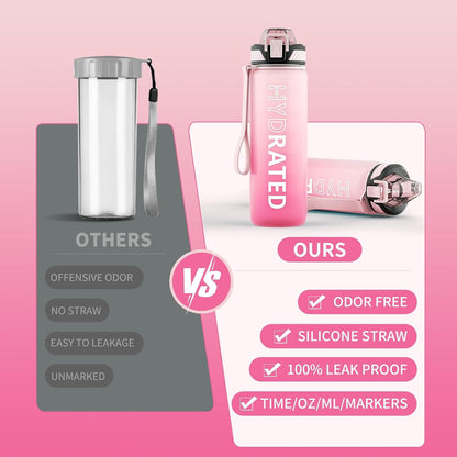 Trinkflasche 750ML BPA-frei mit Strohhalm Zeitmarkierung und BürsteFitness Sport Yoga Rosa Farbverlauf Wiederverwendbar