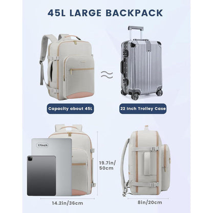 Handgepäck Rucksack 45L Flugzeug Kofferrucksack Damen Laptop 17 Zoll Grau+rosa