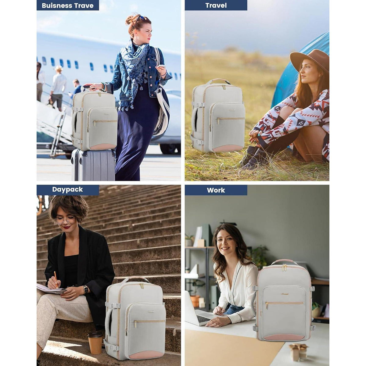 Handgepäck Rucksack 45L Flugzeug Kofferrucksack Damen Laptop 17 Zoll Grau+rosa
