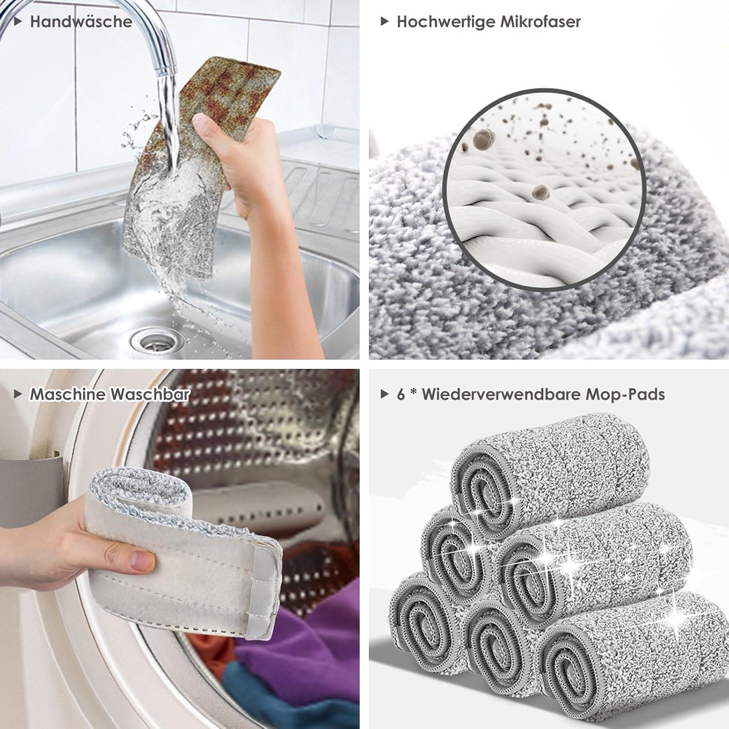 Wischmopp Set mit Eimer, 360° Flachmopp, Edelstahlgriff, 6 Mikrofaser