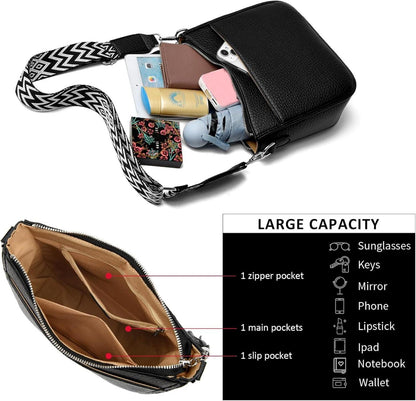 Schwarze Crossbody Umhängetasche Damen Veganes Leder Mit Breitem Gurt