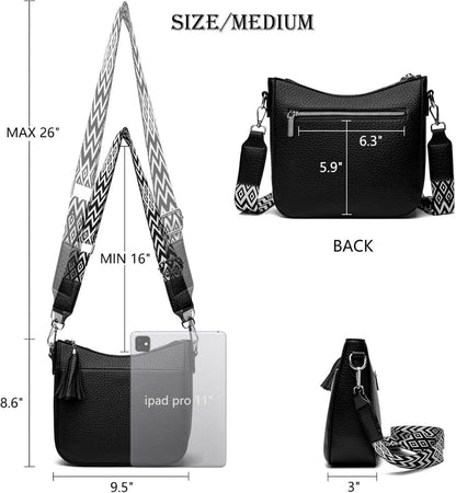 Schwarze Umhängetasche Damen Crossbody Bag Breiter Gurt Veganes Leder