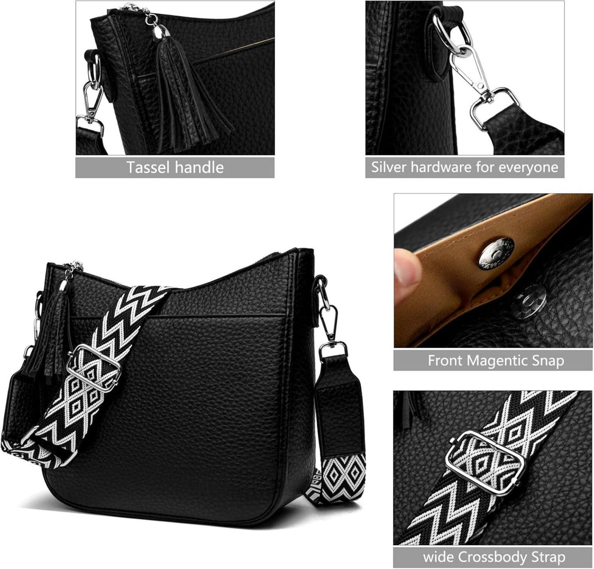 Schwarze Umhängetasche Damen Crossbody Bag Vegan Leder