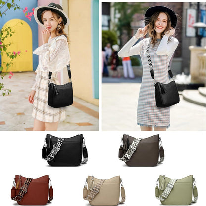 Schwarze Umhängetasche Damen Crossbody Bag Breiter Gurt Veganes Leder