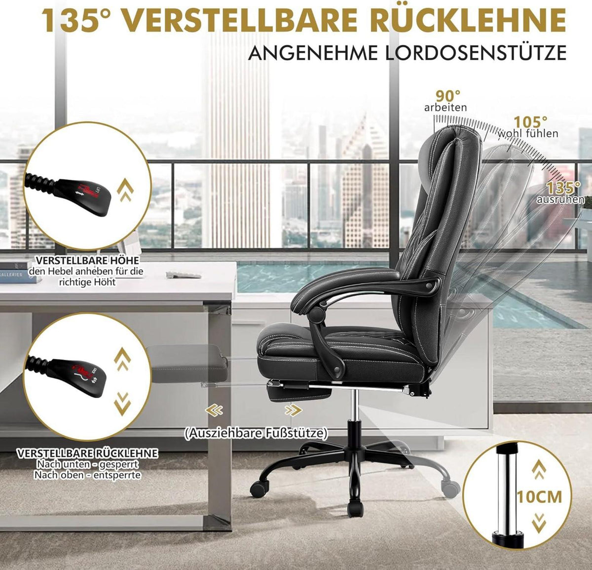 Ergonomischer Bürostuhl mit Fußstütze und Lordosenstütze in Schwarz