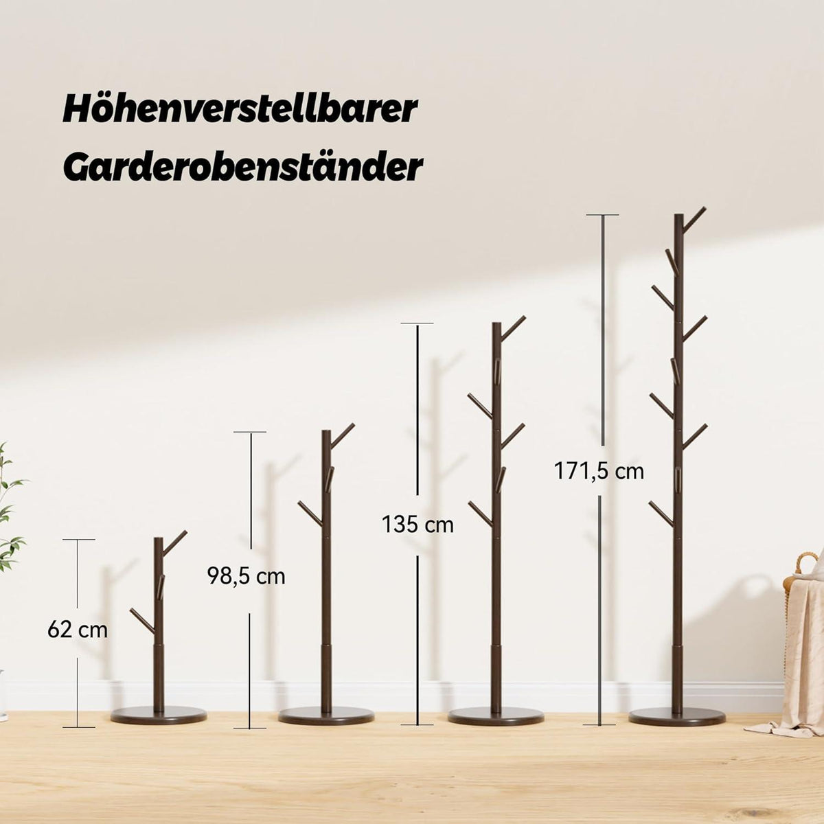 Garderobenständer Holz für Kleidung Hüte Taschen 9 Haken 4 Höhen