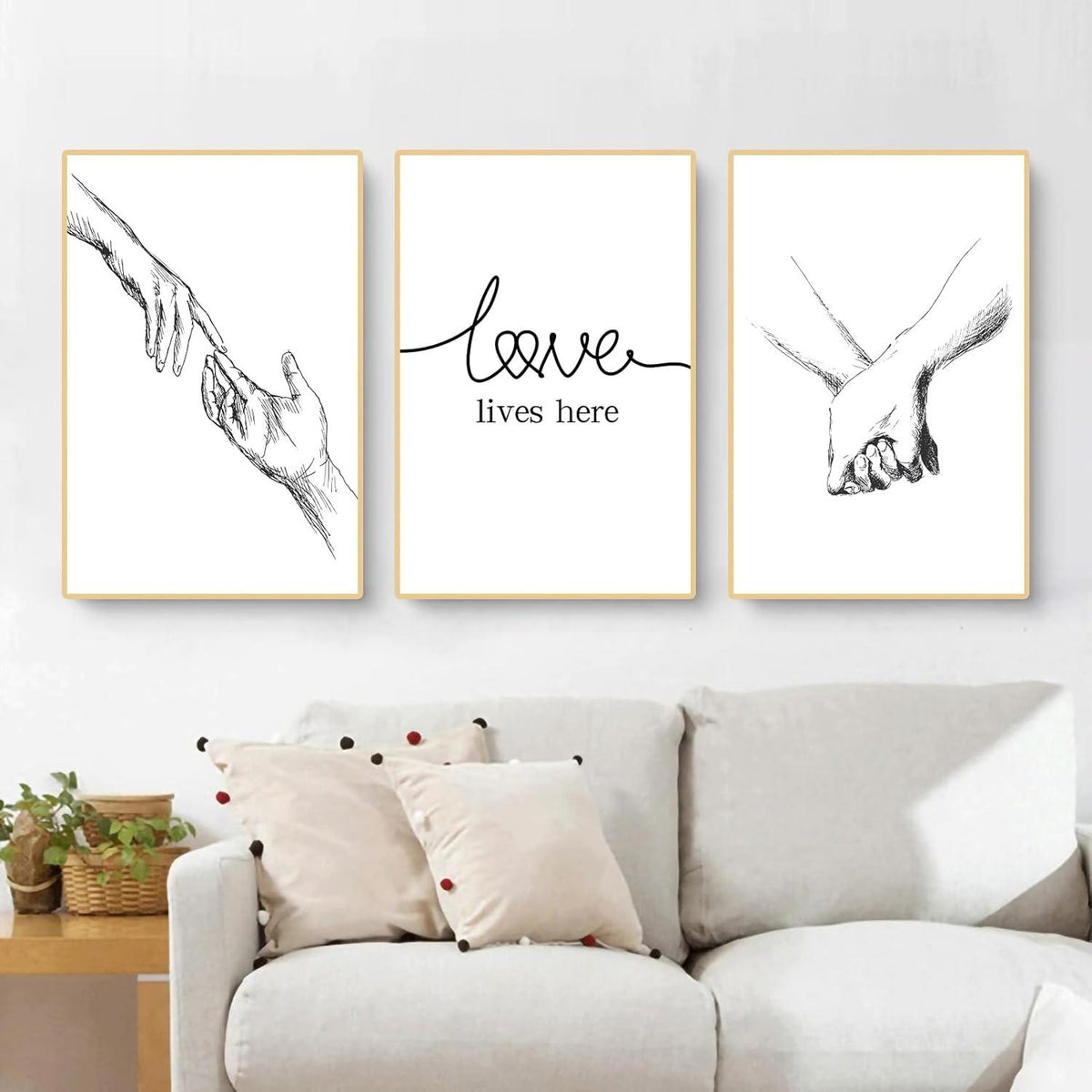 3er Set Moderne Schwarzweiß Wandbilder 40x50cm Hand in Hand