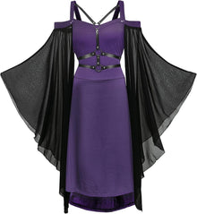 Gotisches Vintage Midi-Kleid mit Trompetenärmeln, Schwarz