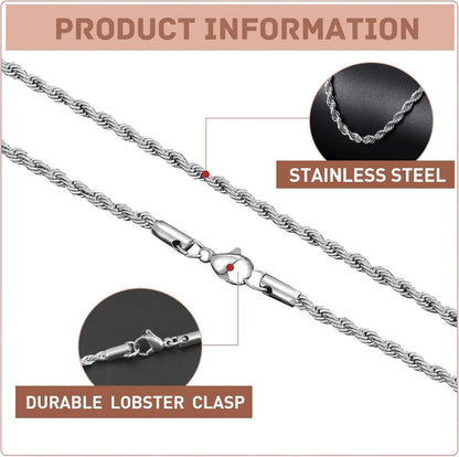 LOCCY Verdrehte Halskette Edelstahl Silberkette 6mm Breit 66cm für Mann Frauen
