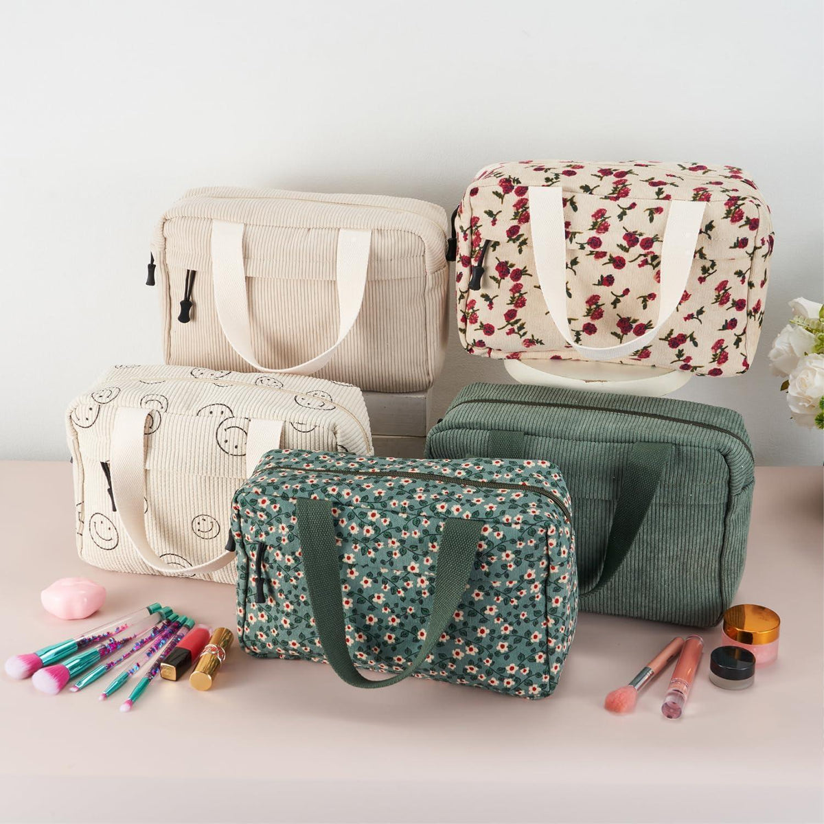 Große Cord Kosmetiktasche für Damen - Grün