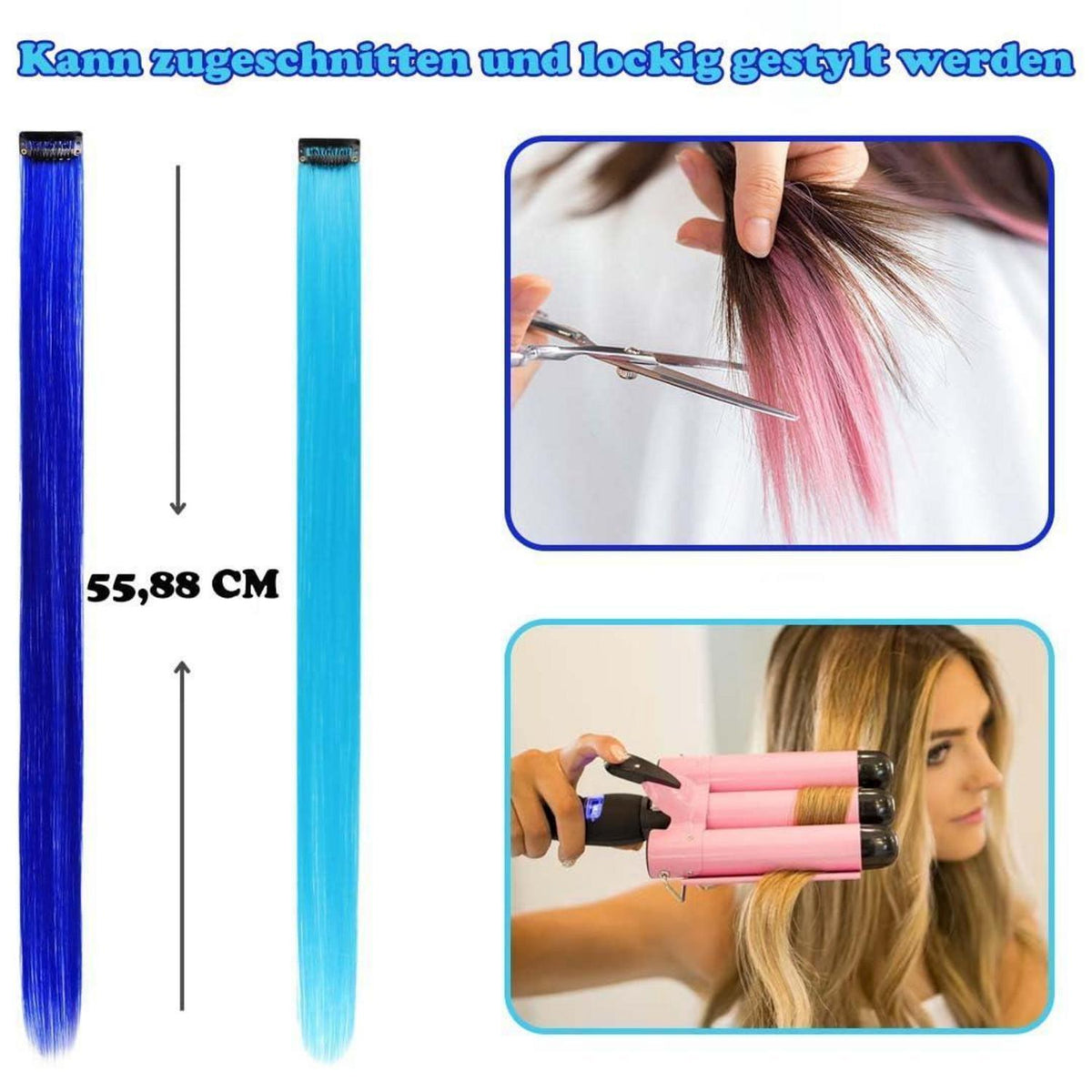Clip-in Haarverlängerungen Blau & Türkis, 55cm, 12er Set