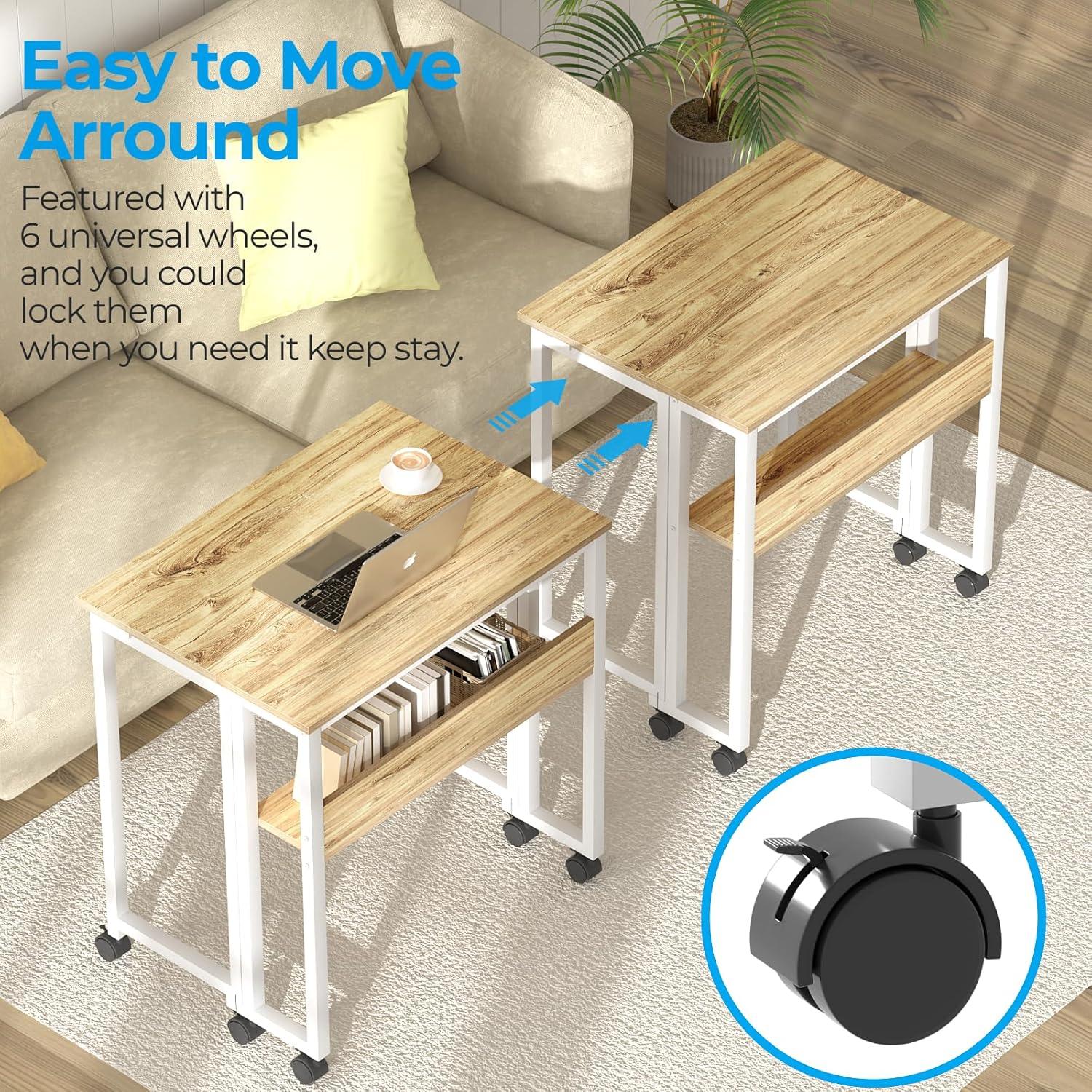 Kleiner klappbarer Schreibtisch mit Rollen und Stauraum, Beige