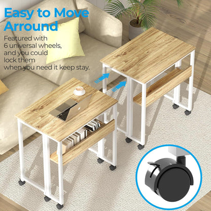Kleiner klappbarer Schreibtisch mit Rollen und Stauraum, Beige