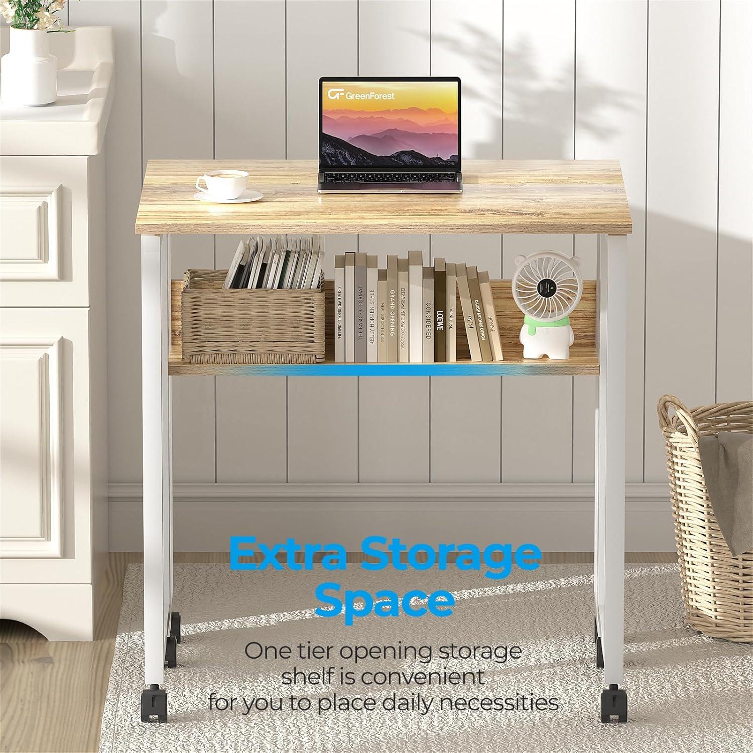 Kleiner klappbarer Schreibtisch mit Rollen und Stauraum, Beige
