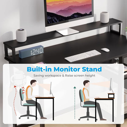 GreenForest Gaming Schreibtisch 120x55 cm Schwarz mit Regal und Monitorständer