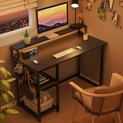 GreenForest Gaming Schreibtisch 120x55 cm Schwarz mit Regal und Monitorständer