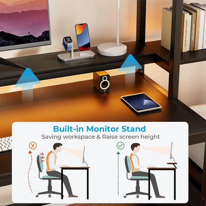 Computer Schreibtisch mit LED-Leuchten und Monitorständer, 175 cm