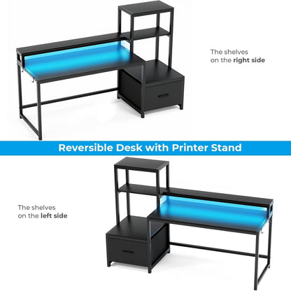 Schreibtisch mit Schublade und Monitorständer, 175 cm, LED-Beleuchtung, Schwarz