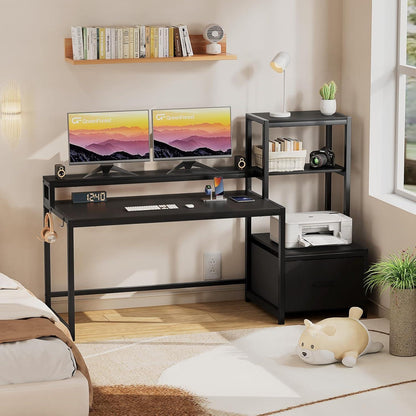 Schreibtisch mit LED-Leuchten, Monitorständer 150 cm, Schwarz